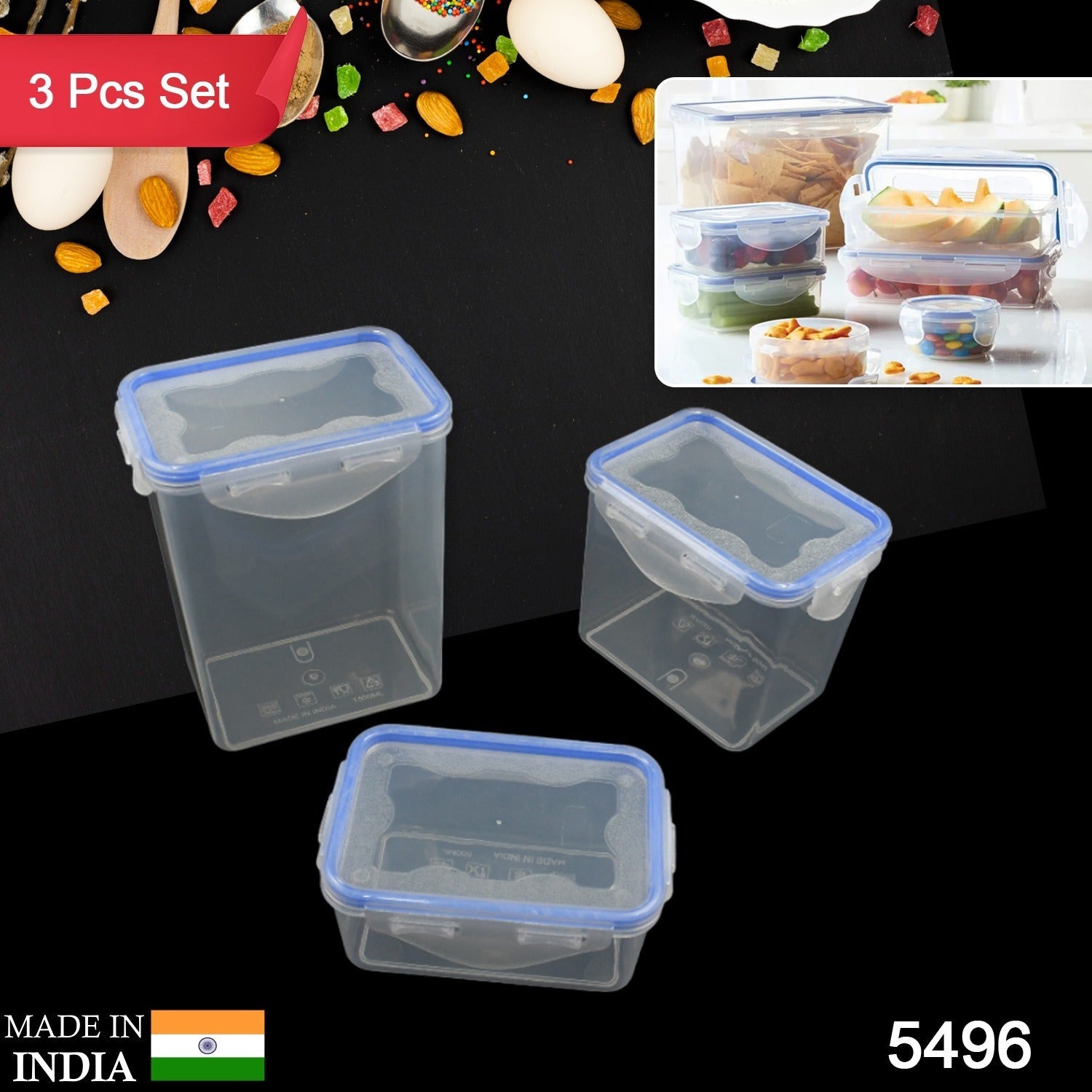 Plastic containers with air-tight lids for spices and dry fruits. Plastic containers with air-tight lids for spices and dry fruits.